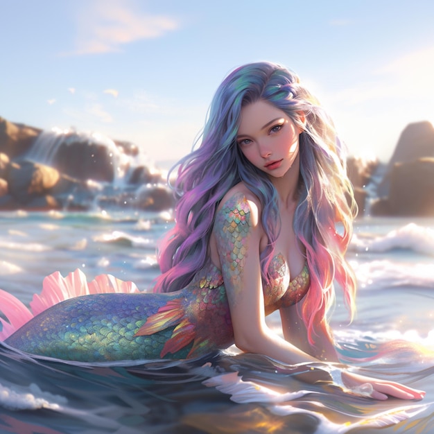 Photo mermaid with colorful hair sitting on the water in the ocean generative ai