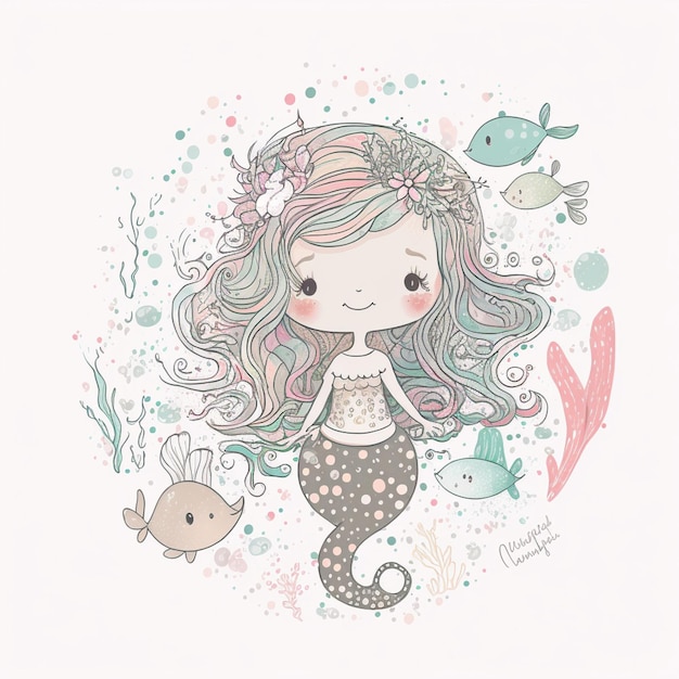 mermaid with fish and sea creatures in a cartoon style generative ai