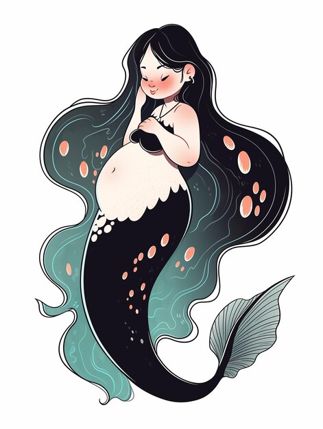 mermaid with long black hair and a belly in the water generative ai