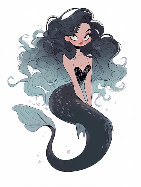 mermaid with long black hair and a black dress sitting on a rock generative ai