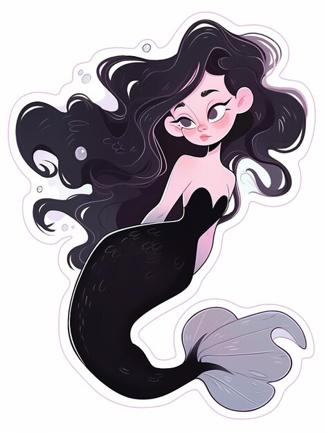 mermaid with long black hair and a black tail generative ai