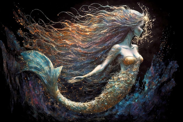 Mermaid with long flowing hair and large shimmering tail