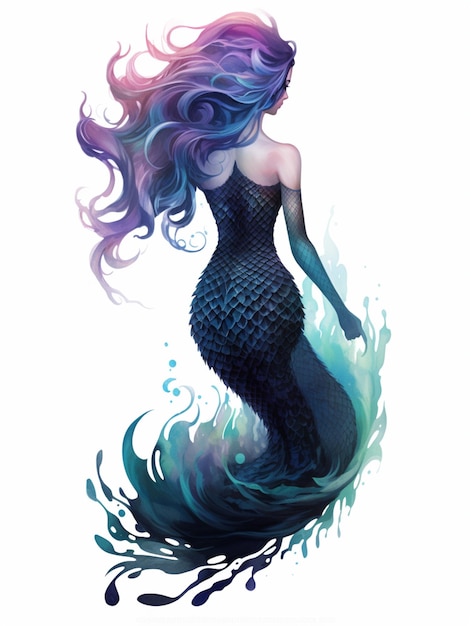 Foto sirena con i capelli lunghi e la coda blu seduta su un'onda generativa ai