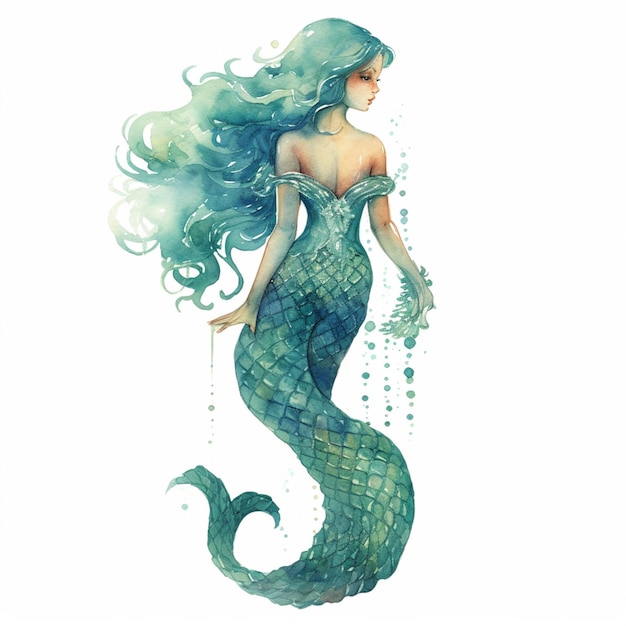 Mermaid with long hair and blue tail standing in water generative ai