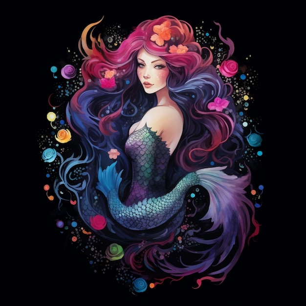 mermaid with long hair and colorful hair and flowers in her hair generative ai