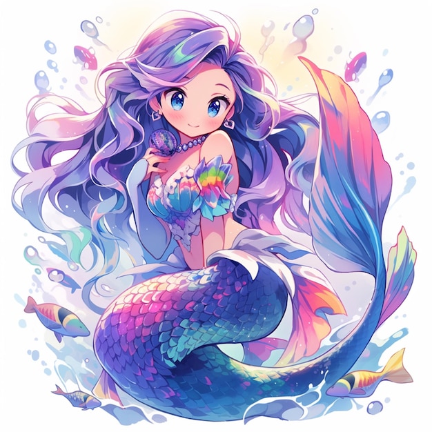 Mermaid with long hair and a colorful tail sitting on a rock generative ai