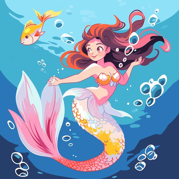 Mermaid with long hair and fish tail swimming in the ocean generative ai