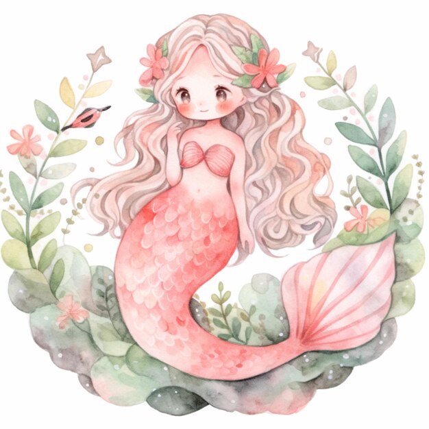 Photo mermaid with long hair and flowers in her hair generative ai