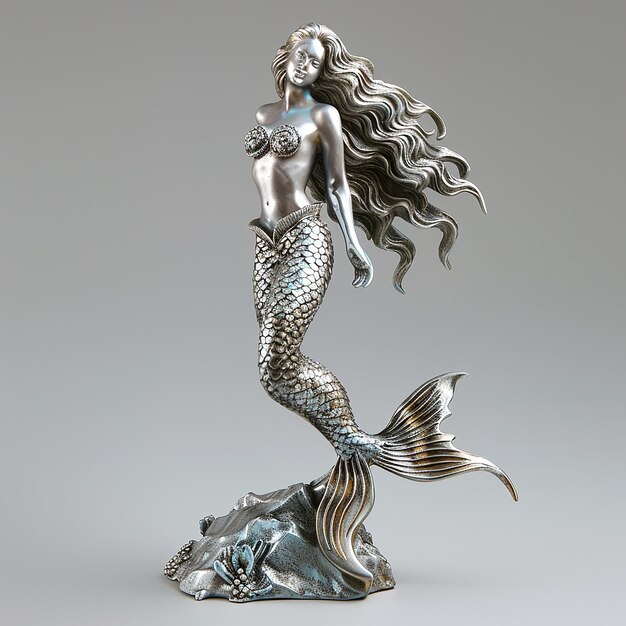 a mermaid with long hair is on a rock and is on a white surface