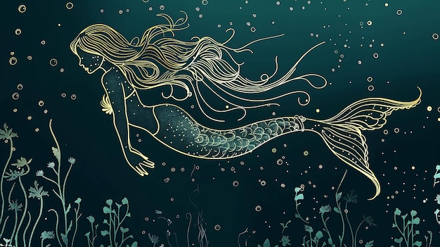 a mermaid with long hair is swimming in the sea