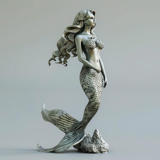 a mermaid with long hair and long hair is standing on a white surface