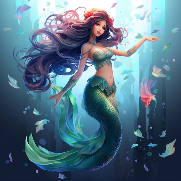 Mermaid with long hair and tail standing in the water generative ai