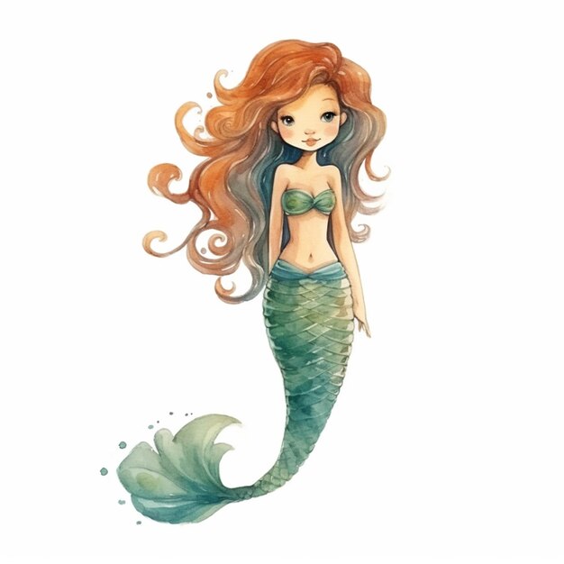 Photo mermaid with long red hair and green tail generative ai