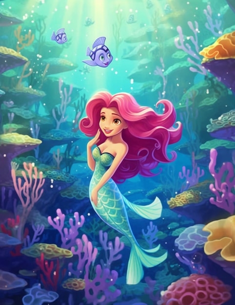 Foto sirena con i capelli rosa e la coda blu che nuota nell'oceano generativo ai