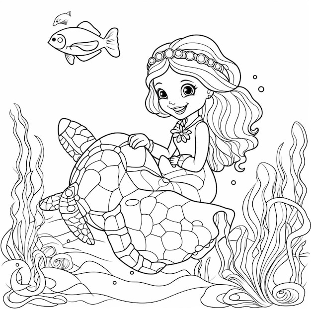 Photo a mermaid with a turtle and fish in the ocean coloring pages generative ai