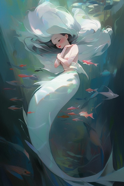 A mermaid with a white dress and a fish on the bottom.