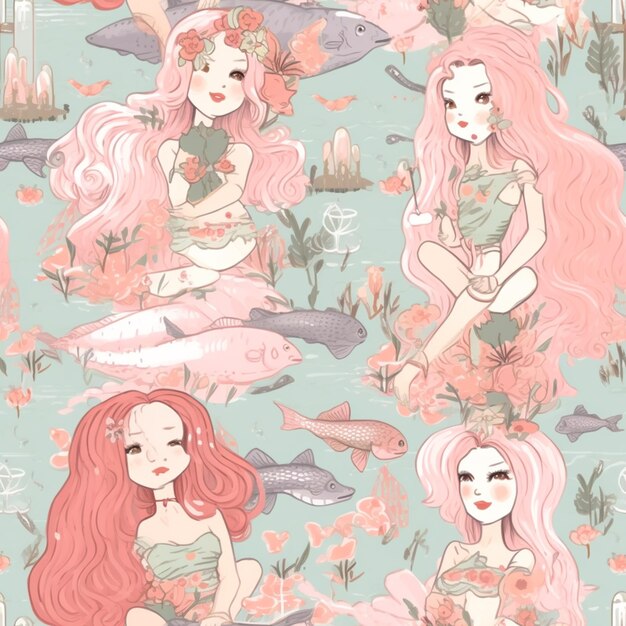 Mermaids and fish in a coral reef with pink hair generative ai