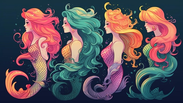 Mermaids with different colored hair are on a dark background.