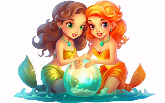 Photo mermaids with a goldfish bowl and pearls generative ai