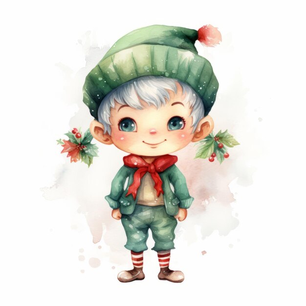 Photo merry and adorable watercolor clipart of a cute christmas elf boy