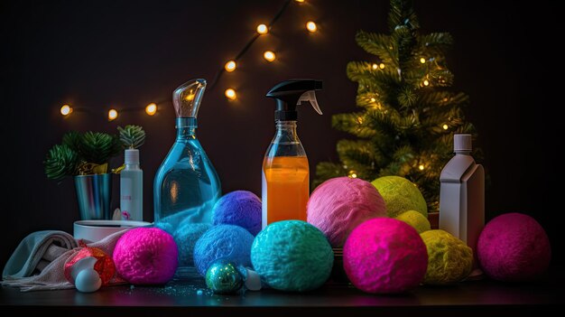 Веселые и яркие разноцветные чистящие средства для праздничного дома генеративный искусственный интеллект