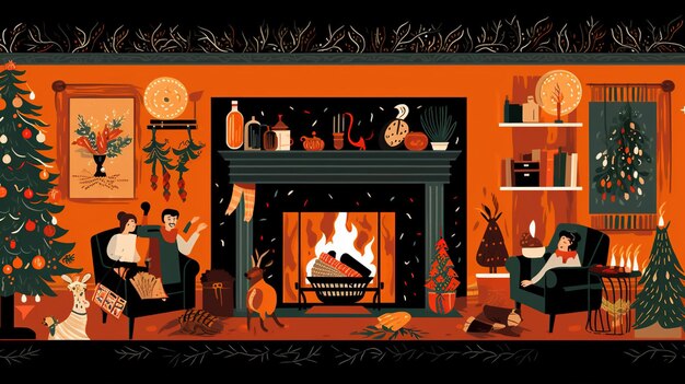 Merry bright whimsical christmas illustrations of festive celebrations