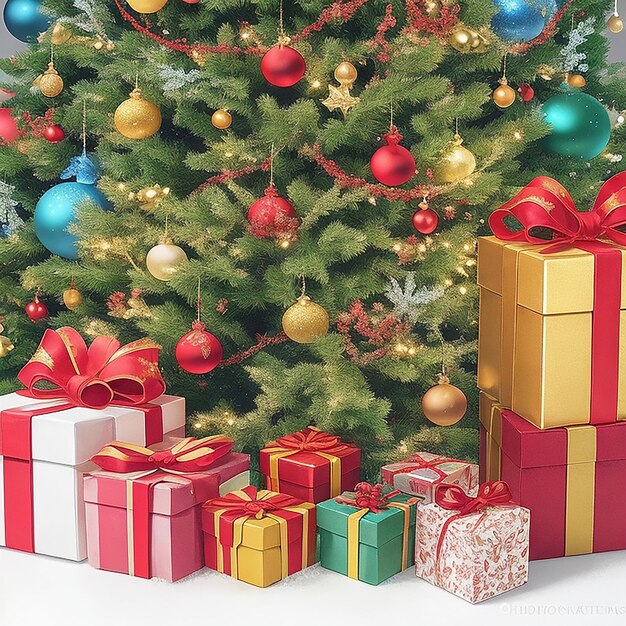 Merry charismas background with branches of tree and colorful gift boxes generated by AI