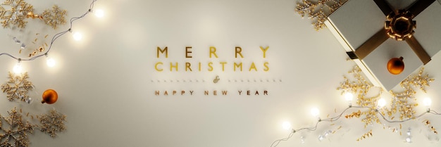 写真 メリー・クリスマスとハッピー・ニューイヤーのバナーとギフトボックスと装飾ギフトの背景3dレンダリング