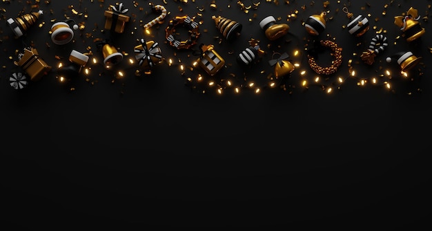 Foto banner di buon natale e buon anno con scatola regalo e regali di decorazione background3d rendering