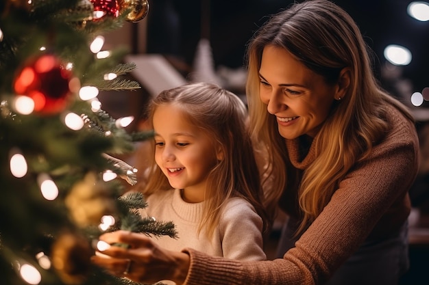 写真 メリークリスマス & ハッピーホリデー母と娘が屋内でクリスマスツリーを飾る