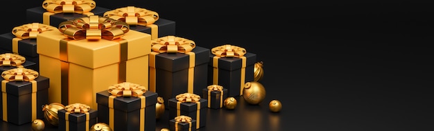 メリークリスマスと新年あけましておめでとうございますバナー高級スタイル。、金色のクリスマスボールと現実的な金と黒のギフトボックス