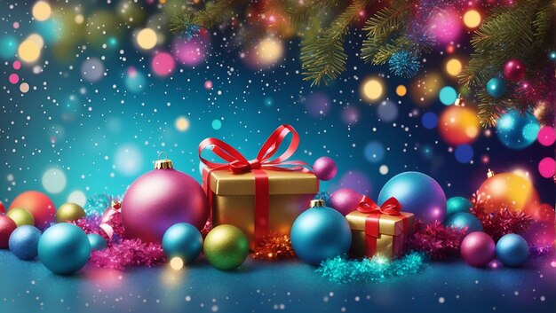 다양한 다채로운 조명 공 선물 상자 및 크리스마스 트리와 함께 메리 크리스마스 배경 디자인
