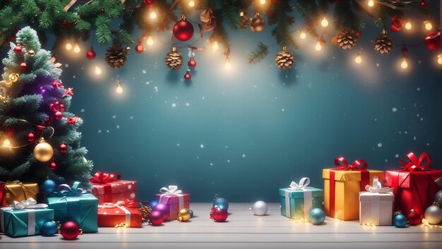 Merry christmas background design with various colorful lights balls gift box and christmas tree
