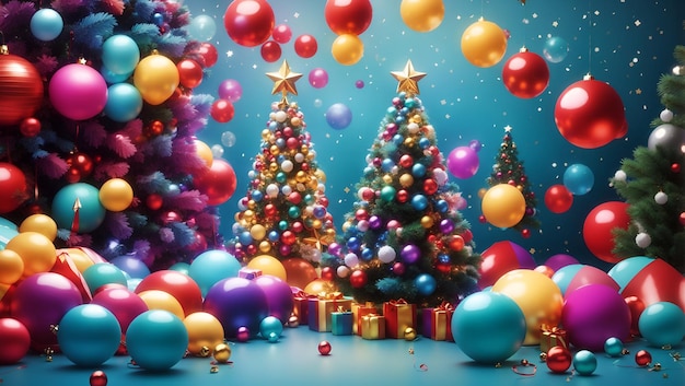 Merry christmas background design with various colorful lights balls gift box and christmas tree