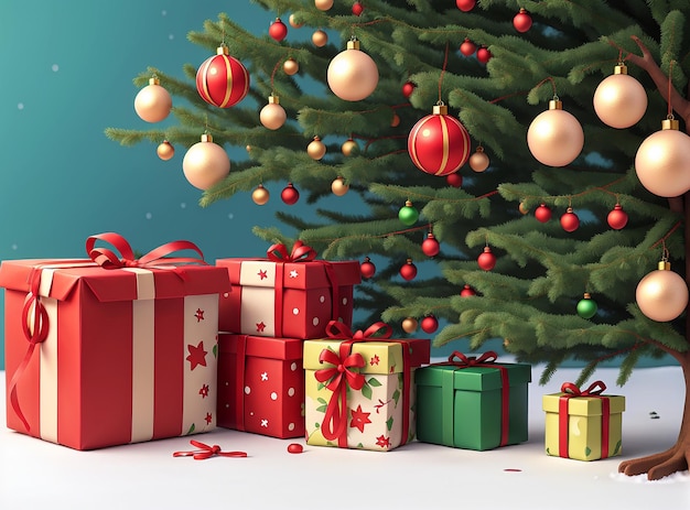 나무 가지와 화려한 선물 상자가 있는 메리 크리스마스 배경