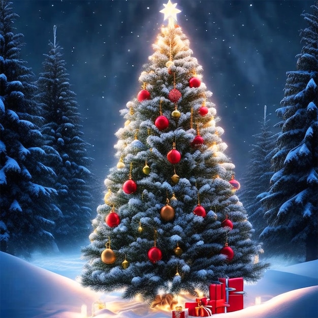 Merry christmas background with christmas tree and ball with gift box