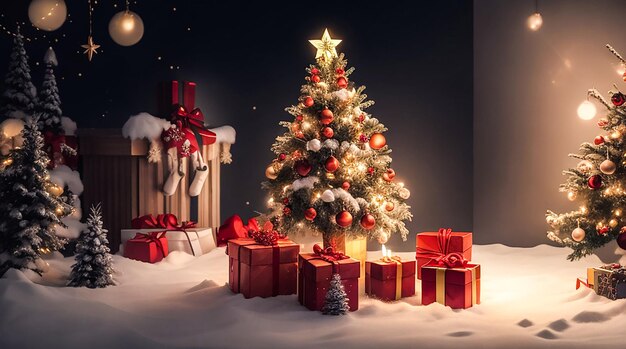 Merry Christmas background with gift box and snow