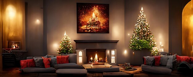 Merry Christmas background with gift next to Christmas Tree in decorated room with fireplace Digital Illustration