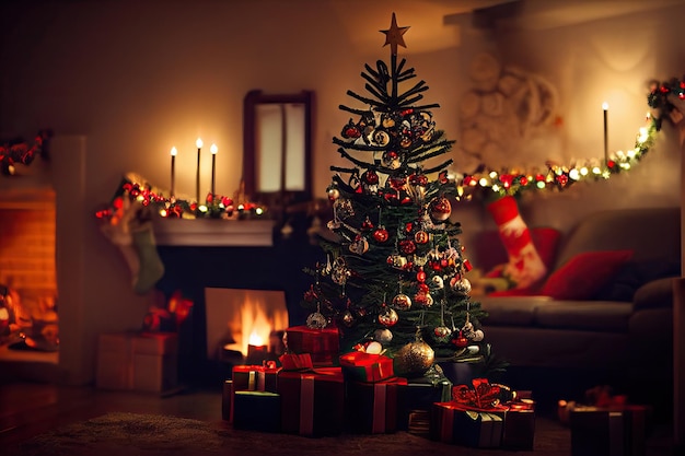 Merry Christmas background with gift next to Christmas Tree in decorated room with fireplace Digital Illustration