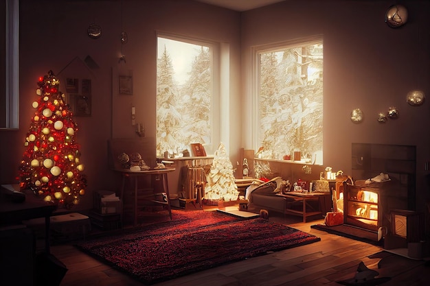 Merry Christmas background with gift next to Christmas Tree in decorated room with fireplace Digital Illustration