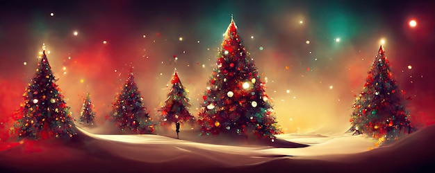 Merry Christmas background with pine trees balls gifts and Christmas decorations Digital Illustration