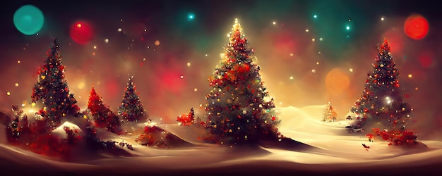 Merry Christmas background with pine trees balls gifts and Christmas decorations Digital Illustration