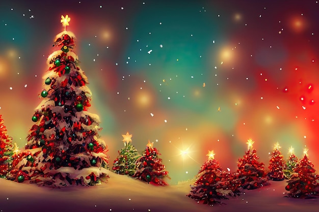 Photo merry christmas background with pine trees balls gifts and christmas decorations digital illustration