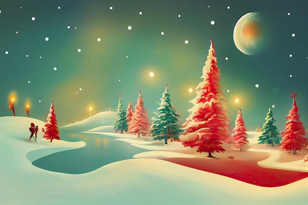 Merry Christmas background with pine trees balls gifts and Christmas decorations Digital Illustration