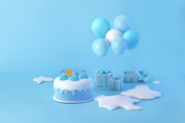 Merry Christmas blauwe cake met schattige ballonnen, smeltende sneeuw en blauwe geschenkdoos 3d illustratie