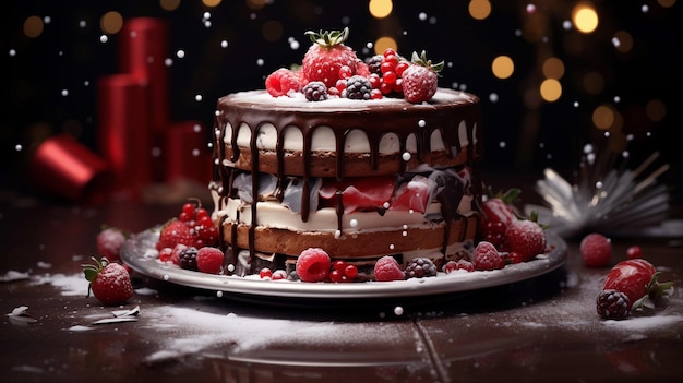 Foto torta di buon natale con frutta con cioccolato che si scioglie generata dall'intelligenza artificiale