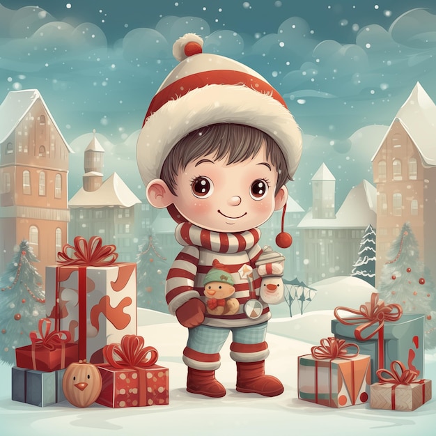 Merry Christmas card flyer for winter month Boy among gifts and toys under the snowfall Flat cartoon