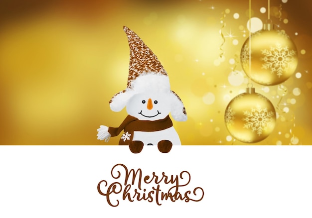 Merry christmas card with a snowman on a gold background