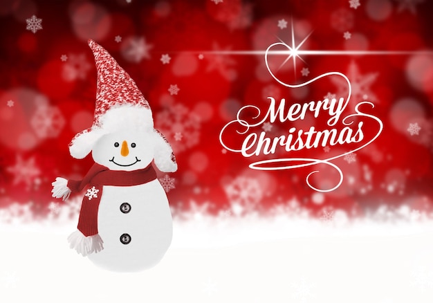 A merry christmas card with a snowman and a red background.