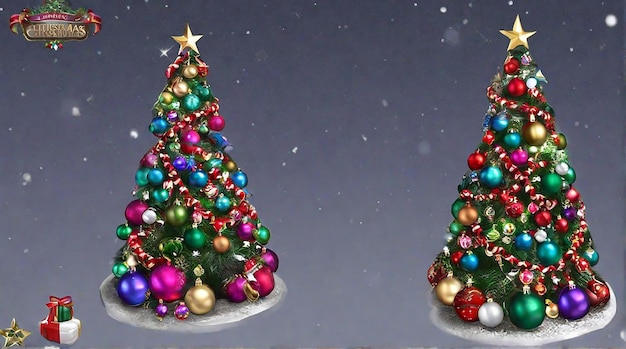 カラフルなボールと雪がたくさんある冬のクリスマスツリーでメリークリスマスのお祝い